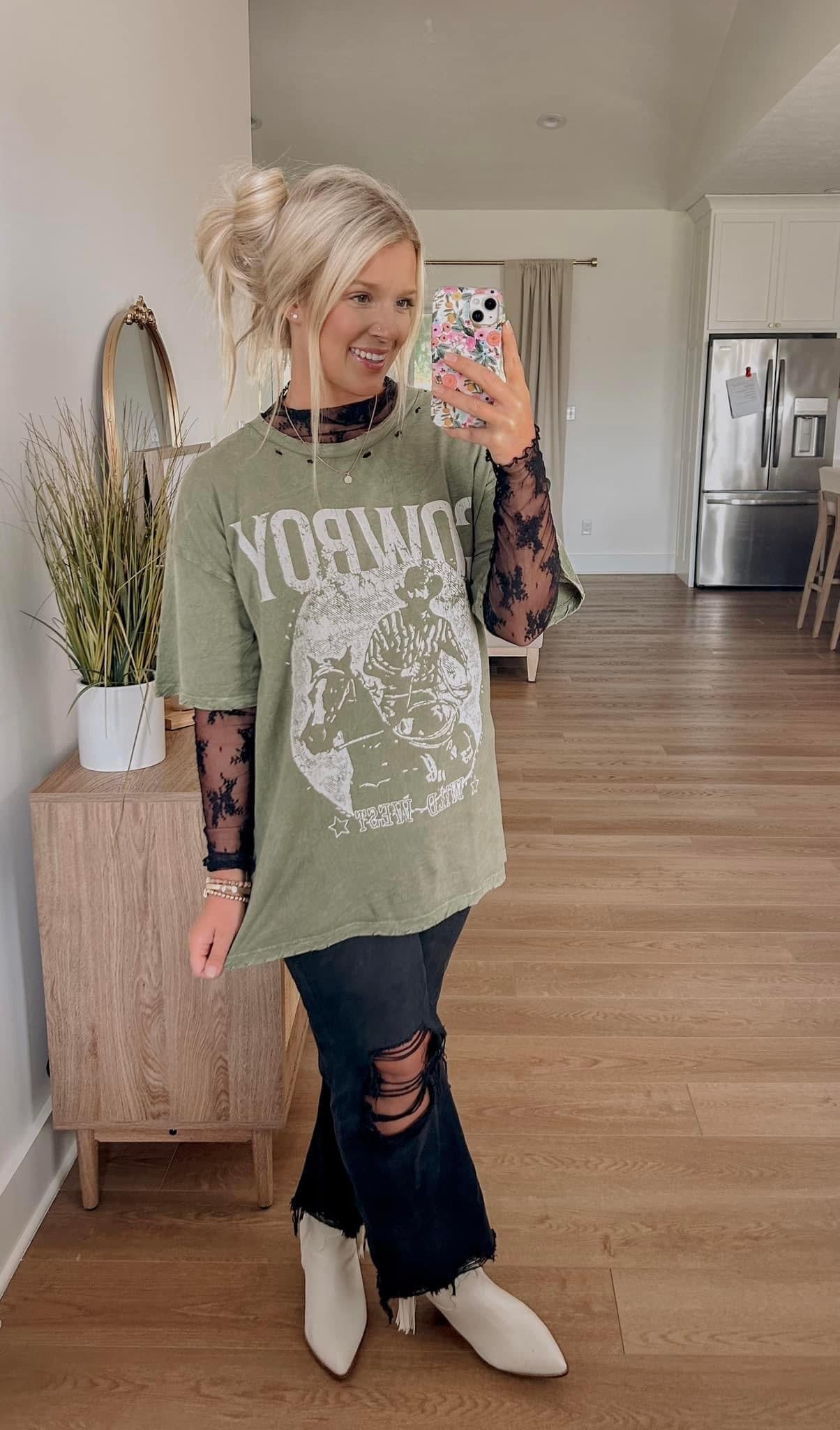 Cowboy Distressed Tee - Washed Olive