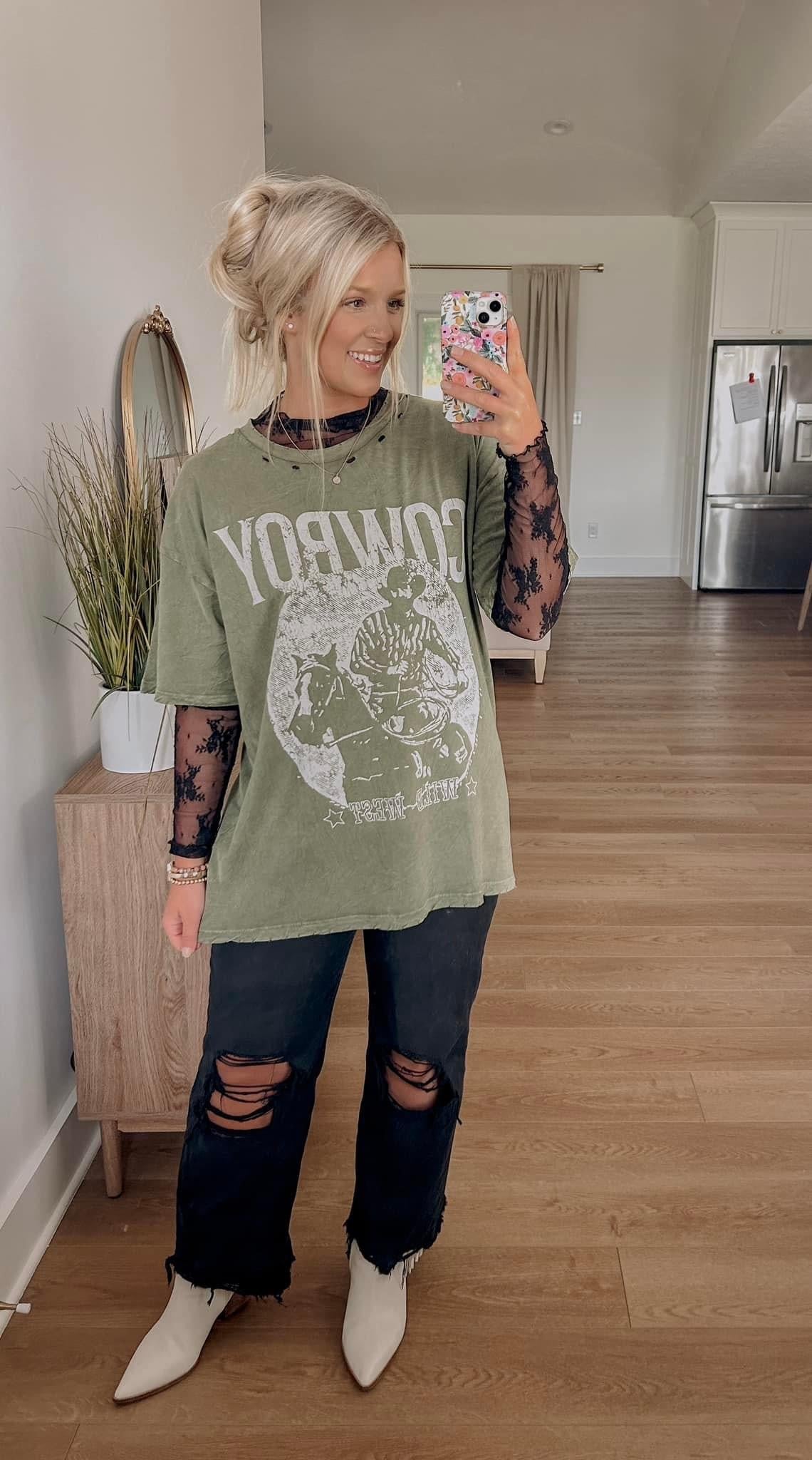 Cowboy Distressed Tee - Washed Olive