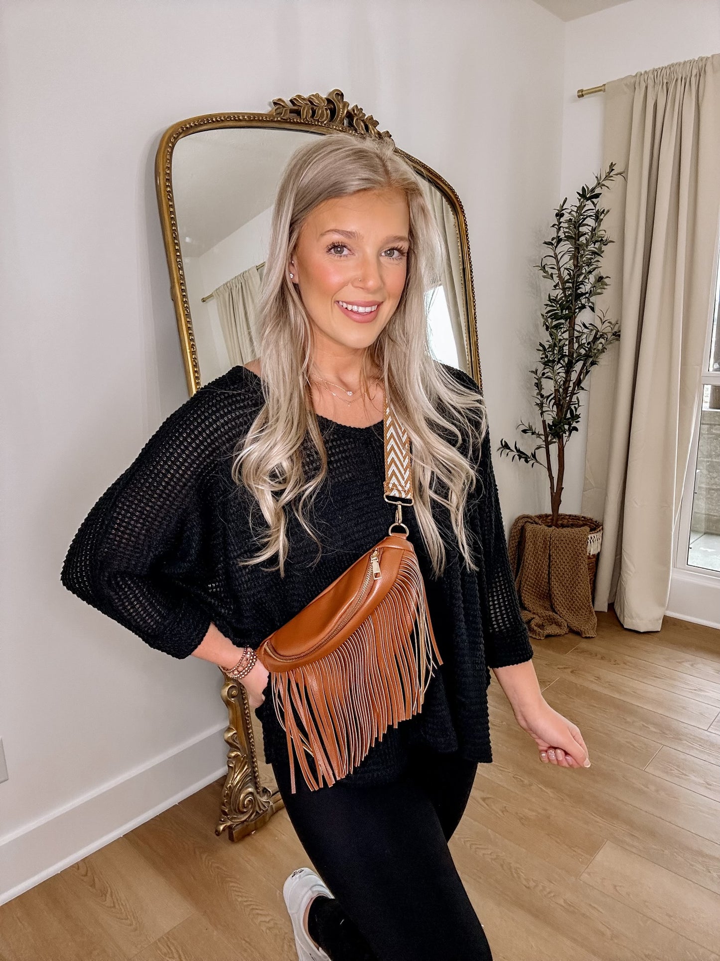 Waffle Knit V Neck Top - Black