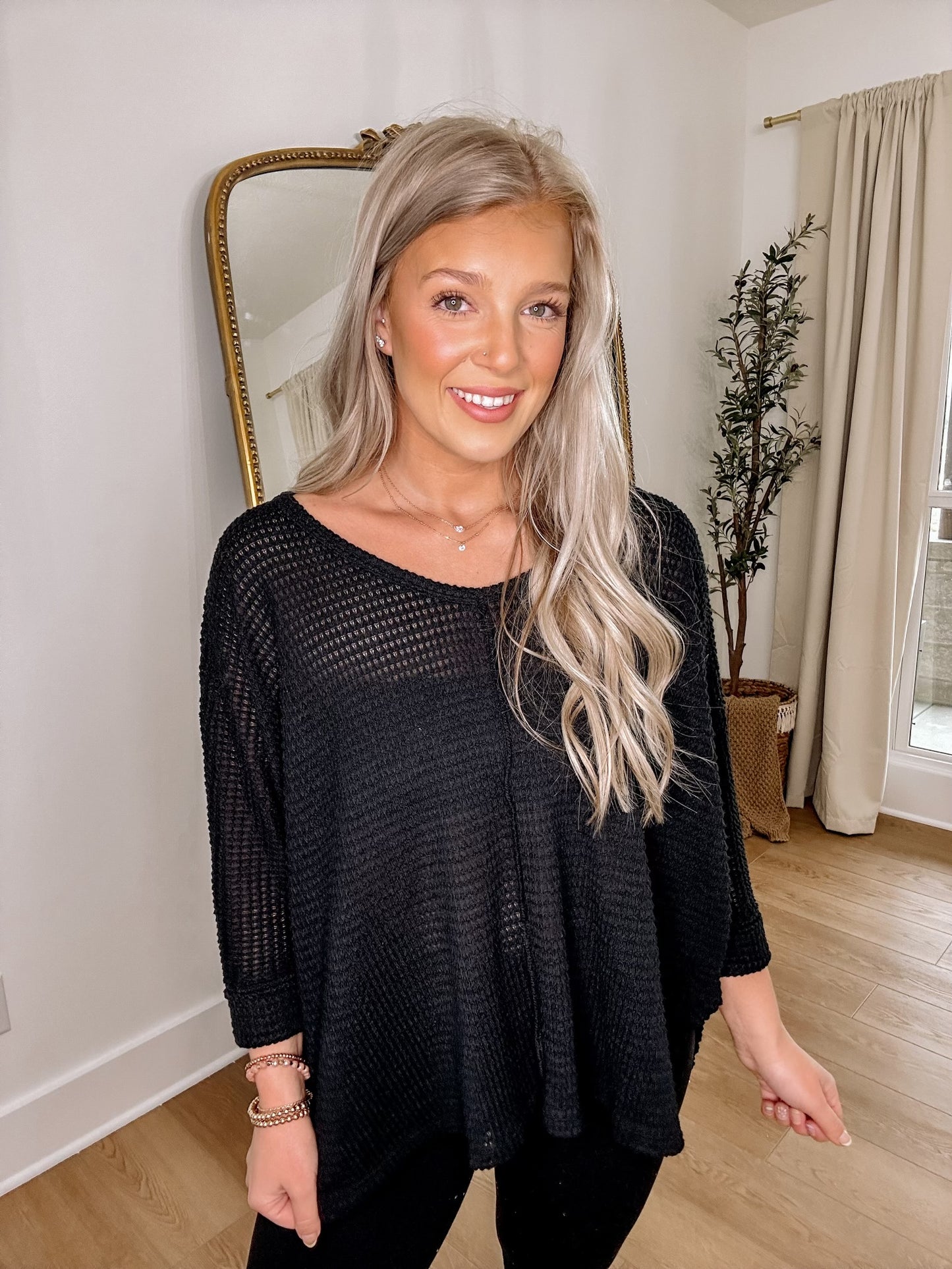 Waffle Knit V Neck Top - Black