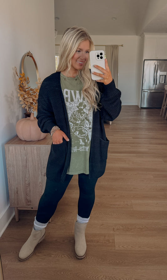 Waffle Knit Cardigan - Black