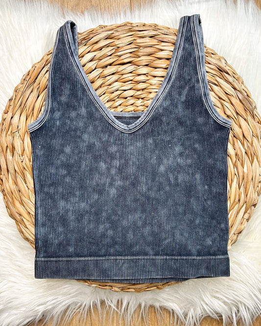Reversible Ribbed Cropped Tank - Ash Black