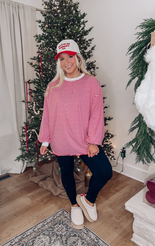 Just Stopping By Striped Pullover - Red